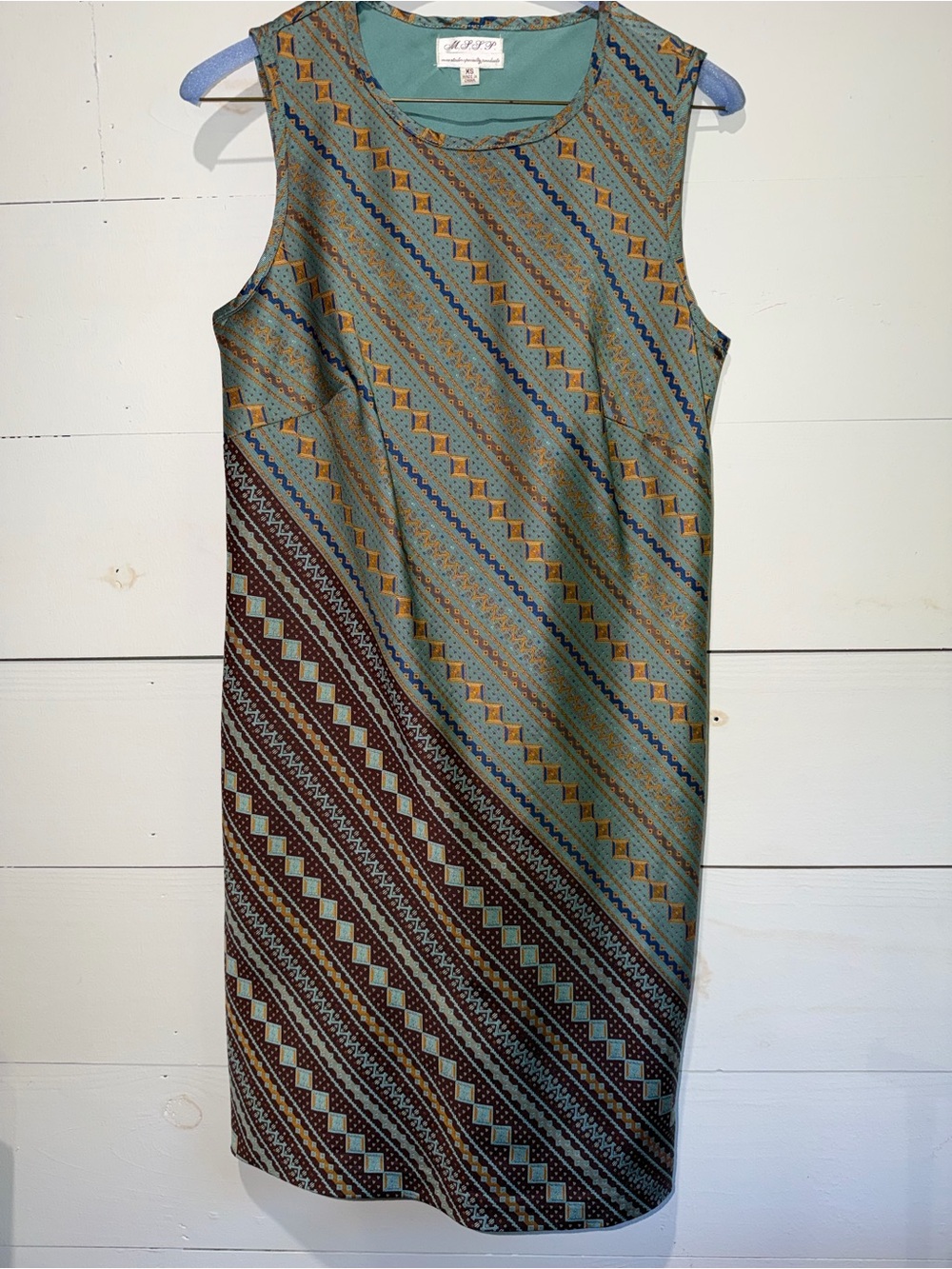 MSSP Geometric Print Shift Dress XS Sage Green Sleeveless Boho